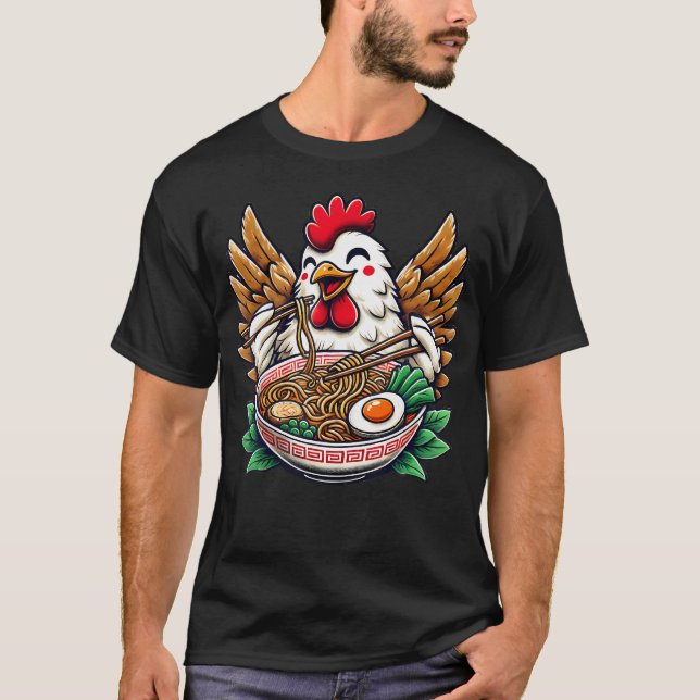 Camiseta Pollo Kawaii Comiendo Fideos Ramen (Anverso)