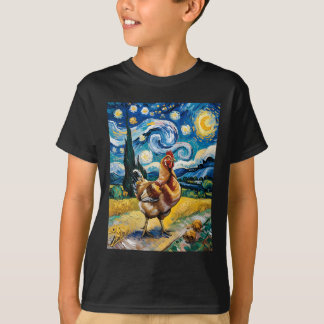 Camiseta Pollo Noche Estrellada al Estilo Van Gogh Granja d