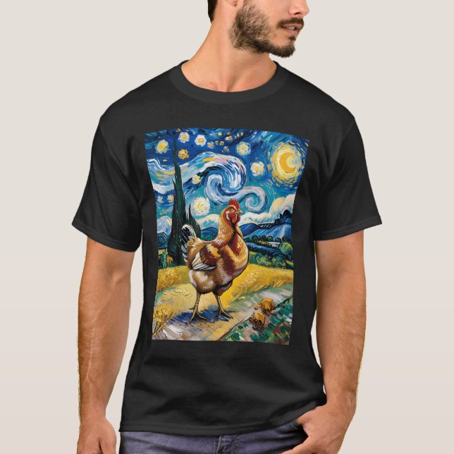 Camiseta Pollo Noche Estrellada Estilo Van Gogh Granja de G (Anverso)