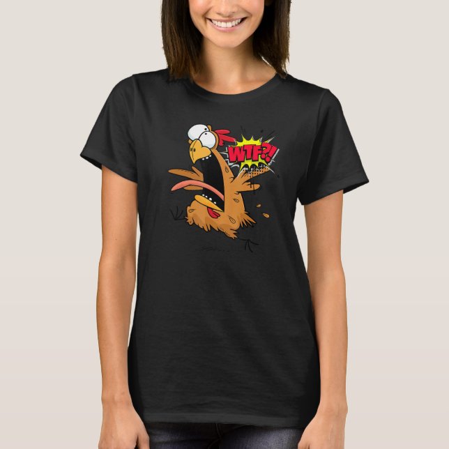 Camiseta Pollo Wtf Corriendo Asustado Gráfico (Anverso)