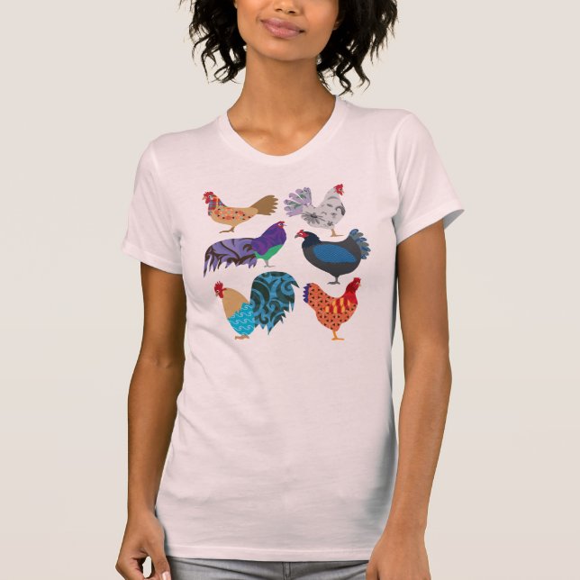 Camiseta Pollos Variedad Aves Coloridas (Anverso)