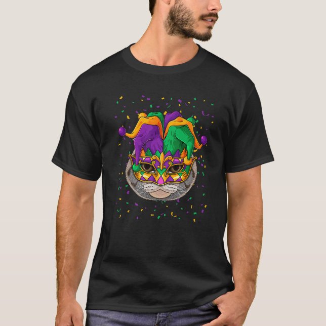 Camiseta Polvo escocés Mardi Gras Cat Face Carnival Jester (Anverso)
