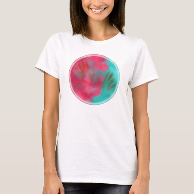 Camiseta Polvo y manos Holi Hai verde azulado y rosa (Anverso)
