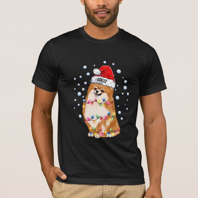 Camiseta Pomerania Cachorro de Perro Luz de Navidad (Anverso)