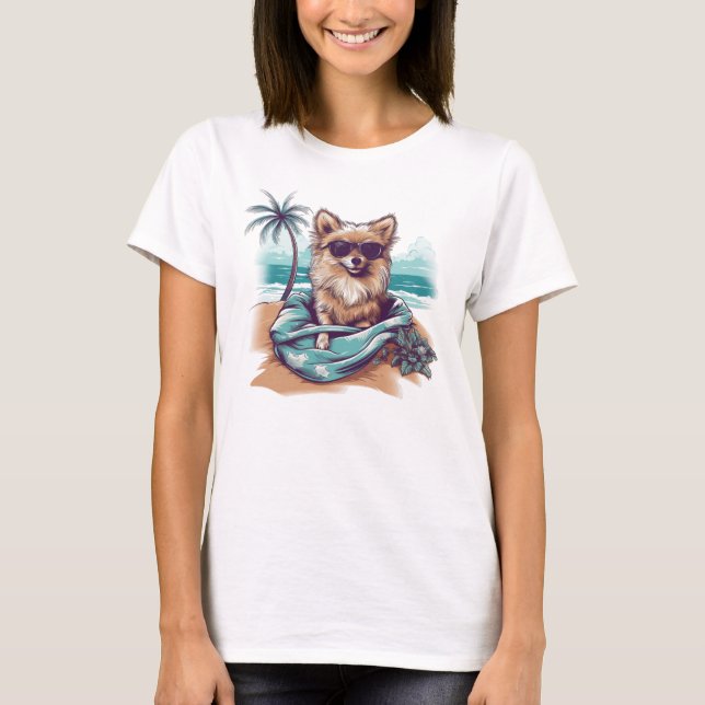 Camiseta Pomerania con gafas de sol en la playa (Anverso)