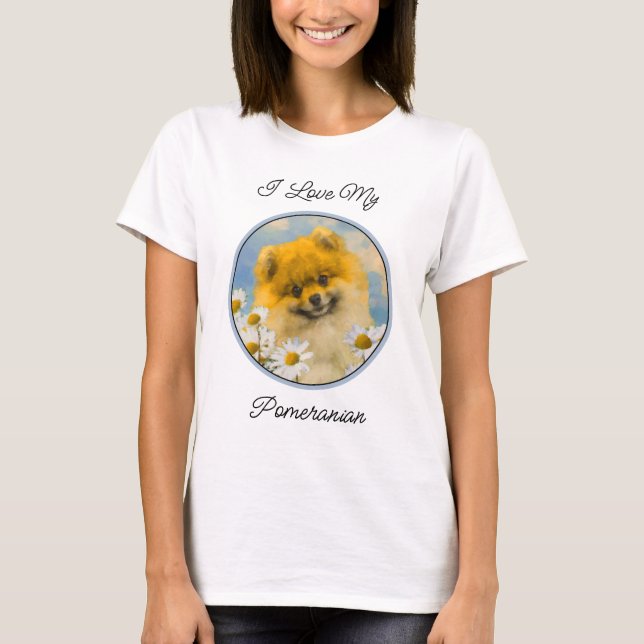 Camiseta Pomerania en pintura de Daisies - Arte de perro or (Anverso)