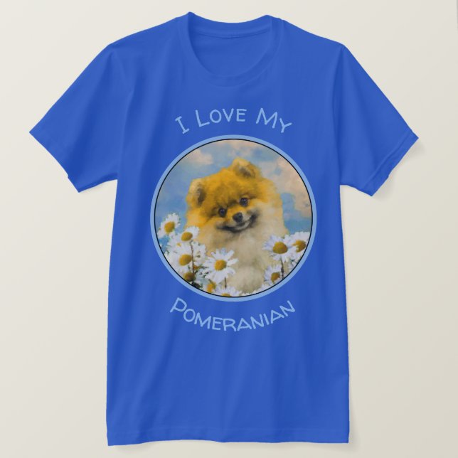 Camiseta Pomerania en pintura de Daisies - Arte de perro or (Anverso del diseño)