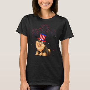 Camiseta Pomerania Perro rojo blanco azul fuegos artificial