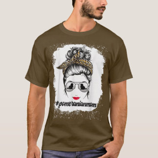 Camiseta Pomeranian Dog Mom Bleached Messy Bun Leopard Wome
