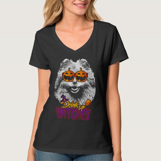 Camiseta Pomeranian Drink Up Witches Halloween (Anverso)