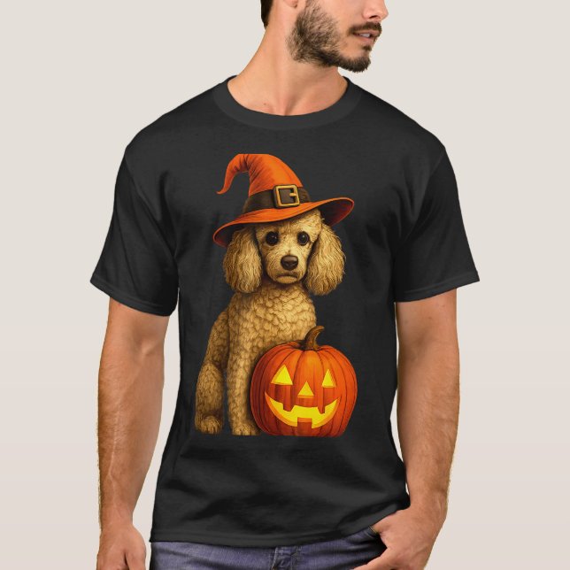 Camiseta Poodle Halloween Pumpkin Witch Hat Dog Art Family  (Anverso)