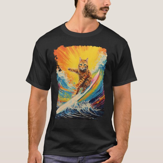 Camiseta Pop Art Naranja Ginger Cat Paddle Board Surfing (Anverso)