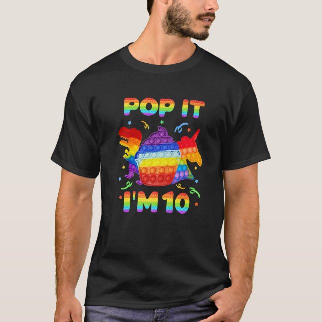 Camiseta Pop It I m 10 Cumpleaños Pop Fidget Toys Dinosaur  (Anverso)