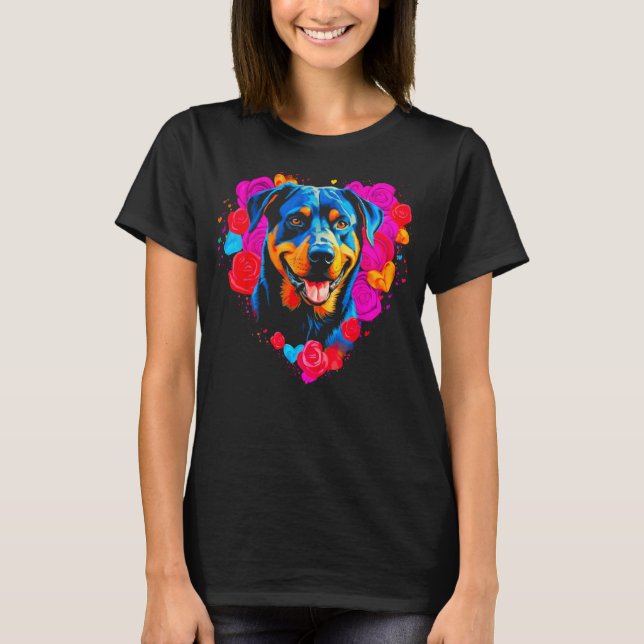 Camiseta Pop Rottweiler Perro Flor Corazón Amor (Anverso)