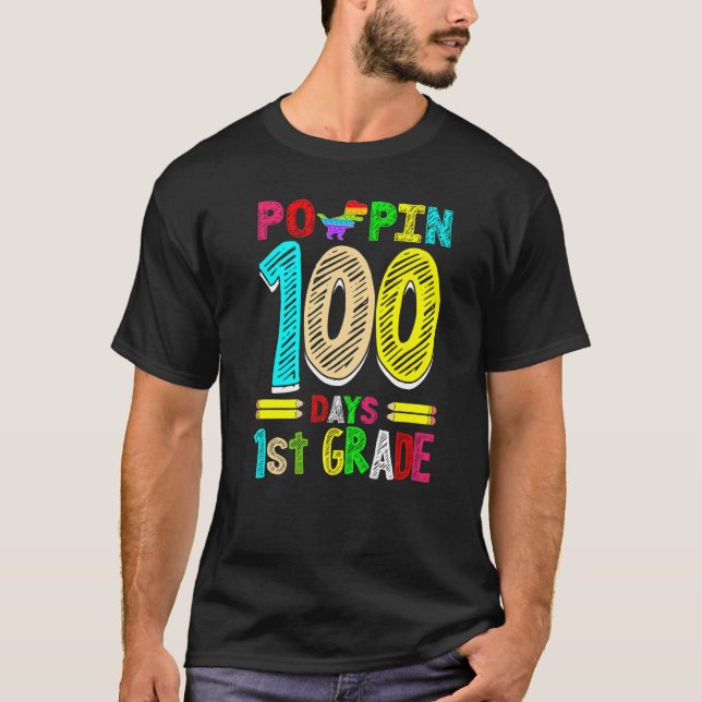 Camiseta Poppin 100 días escuela primaria de primer grado d (Anverso)