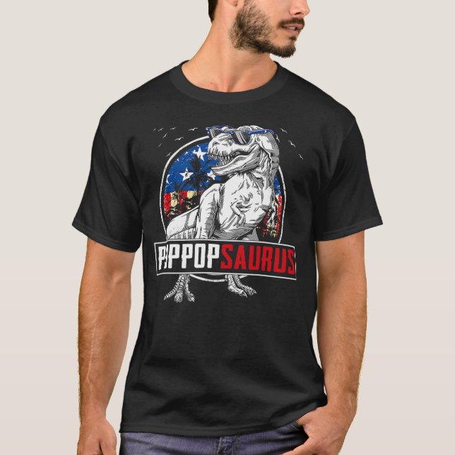 Camiseta Poppopsaurus Dinosaur T Rex American Flag Family M (Anverso)