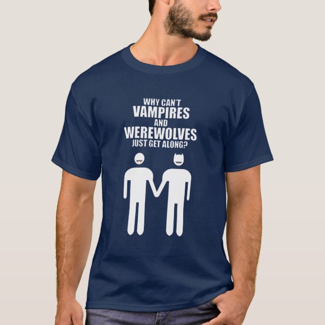 CAMISETA ¿POR QUÉ NO PUEDEN LLEGAR VAMPIRES Y REWOLVOS? (Anverso)