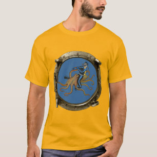 Camiseta Porthole View of a SCUBA Diver Riding an Octopus