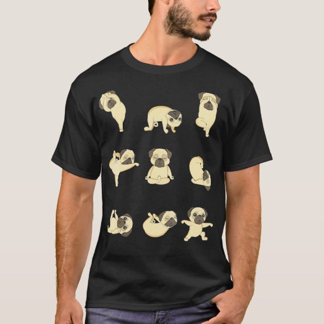 Camiseta Posiciones divertidas de yoga Pug  (Anverso)