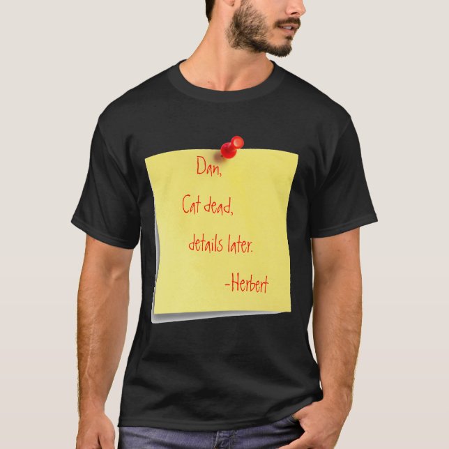 Camiseta poste-él-nota, Dan, gato muerto,         detalles (Anverso)