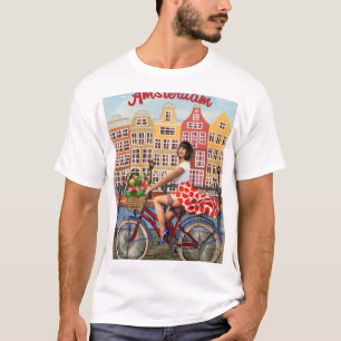 Camiseta Poster de Amsterdam: Ciclismo Chica Pin-Up.