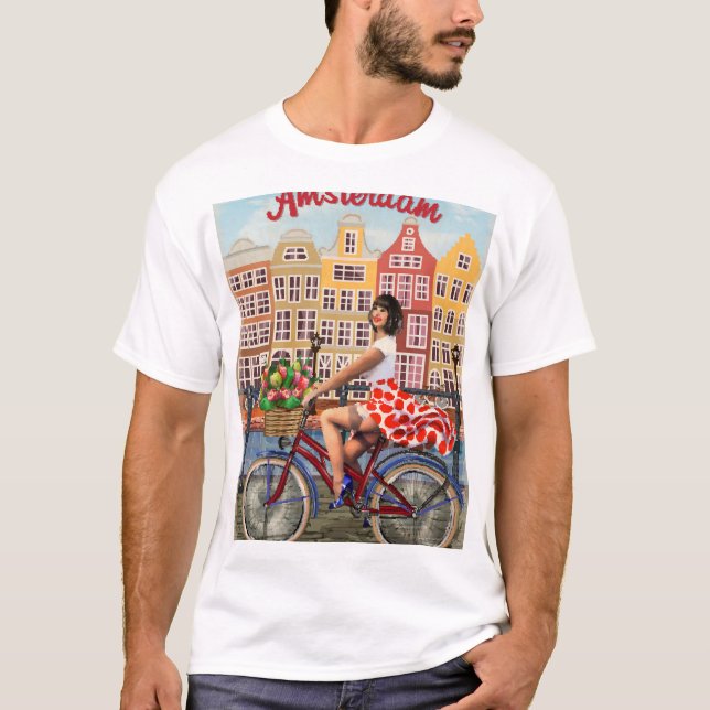 Camiseta Poster de Amsterdam: Ciclismo Chica Pin-Up. (Anverso)
