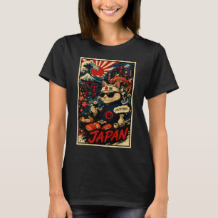 Camiseta Póster de Sushi de Gato Retro Japón con Ukiyo Insp