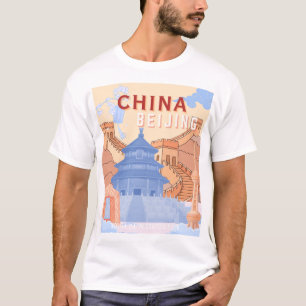 Camiseta Póster de viaje a Pekín China   Azul pastel y melo