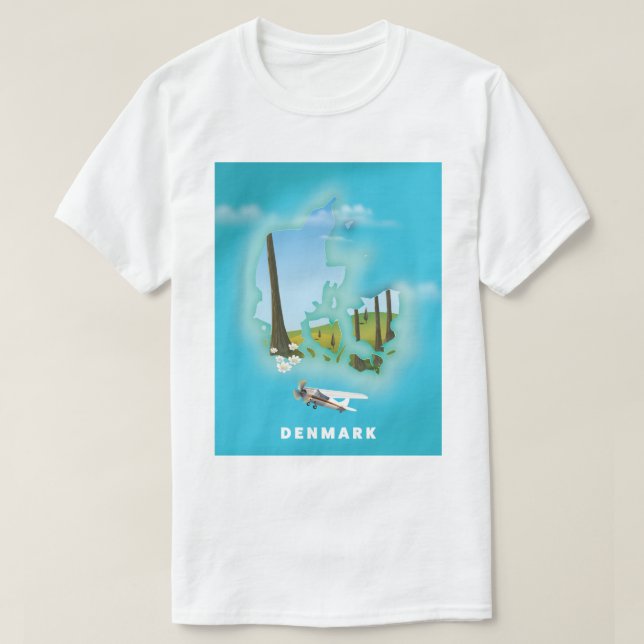 Camiseta Póster de viaje ilustrado del mapa de Dinamarca. (Diseño del anverso)
