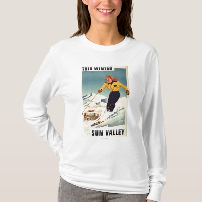 Camiseta poster sonriente y de esquí de la mujer (Anverso)