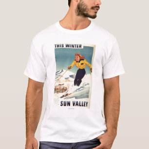 Camiseta poster sonriente y de esquí de la mujer
