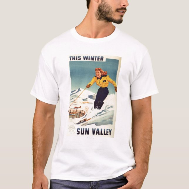 Camiseta poster sonriente y de esquí de la mujer (Anverso)