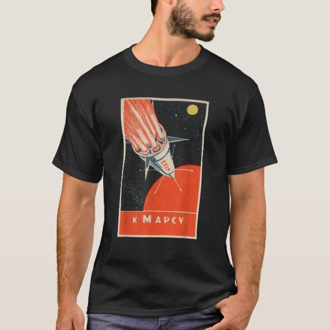 Camiseta Poster soviético de propaganda espacial con cohete (Anverso)