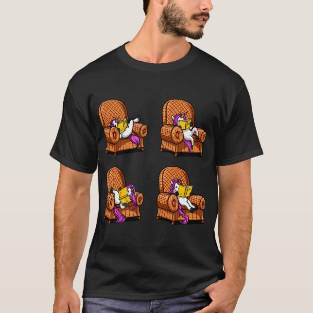 Camiseta Posturas de lectura de libros de unicornios (Anverso)