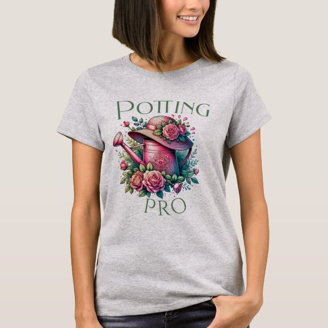 Camiseta Potting Pro Pink Water Can Garden Gray T-Shirt (Anverso)