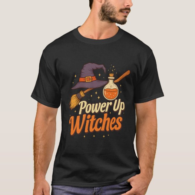 Camiseta Power Up Witches - Retro Halloween Magic Design (Anverso)