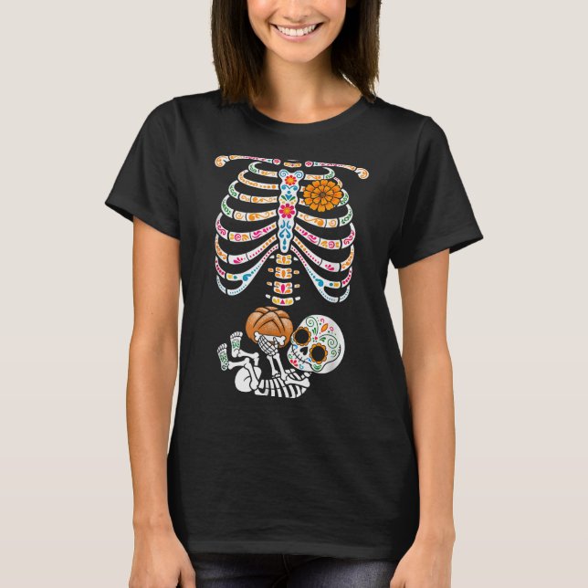 Camiseta Pregnancy Skeleton Dia De Los Muertos Mexican Bell (Anverso)