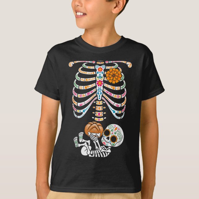 Camiseta Pregnancy Skeleton Dia De Los Muertos Mexican Bell (Anverso)