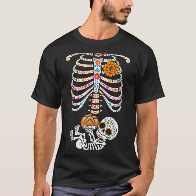 Camiseta Pregnancy Skeleton Dia De Los Muertos Mexican Bell (Anverso)