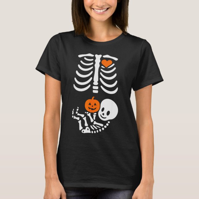 Camiseta Pregnant Skeleton Baby Bump Funny Halloween Tee  (Anverso)