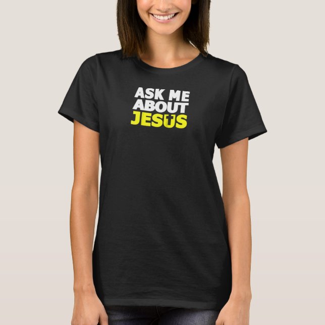 Camiseta Pregúntame sobre Jesús Religioso Cristiano Raglan (Anverso)