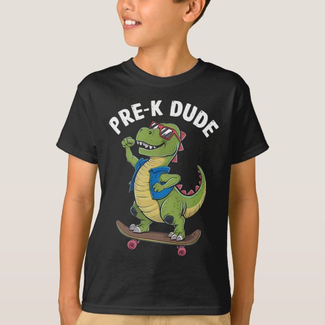 Camiseta Prek Dude Dinosaur Skateboarding Kids Kindergarten (Anverso)
