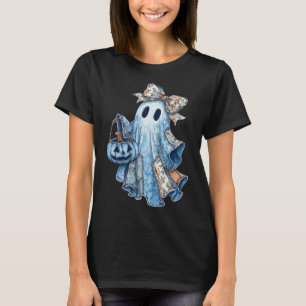 Camiseta Preppy Denim Floral Fall Ghost Boo Denim Patchwork