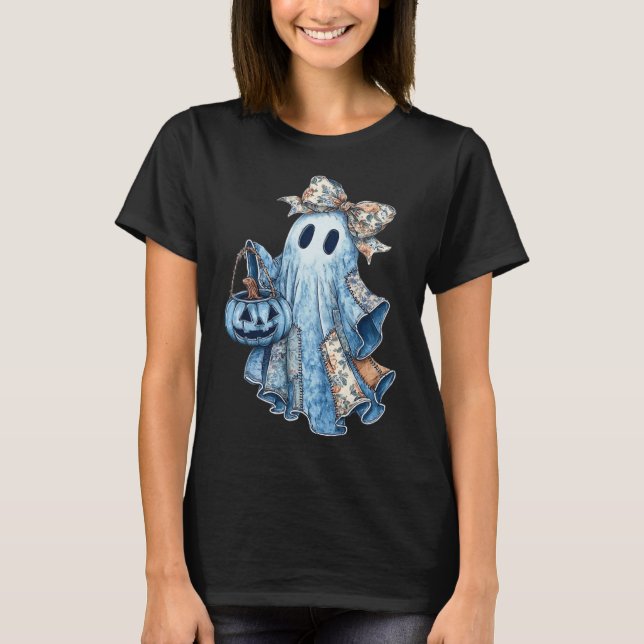 Camiseta Preppy Denim Floral Fall Ghost Boo Denim Patchwork (Anverso)