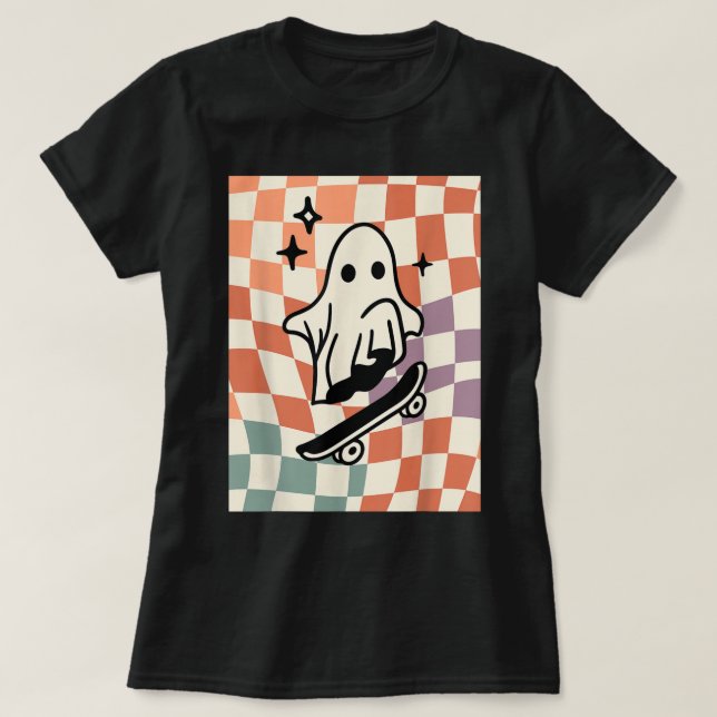Camiseta Preppy Fall Skater Ghost Autumn Vibe Checker Cute  (Diseño del anverso)