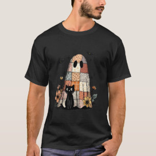 Camiseta Preppy Retro Floral Patchwork Fantasma y Gato Negr