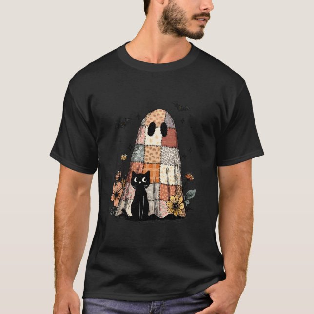 Camiseta Preppy Retro Floral Patchwork Fantasma y Gato Negr (Anverso)