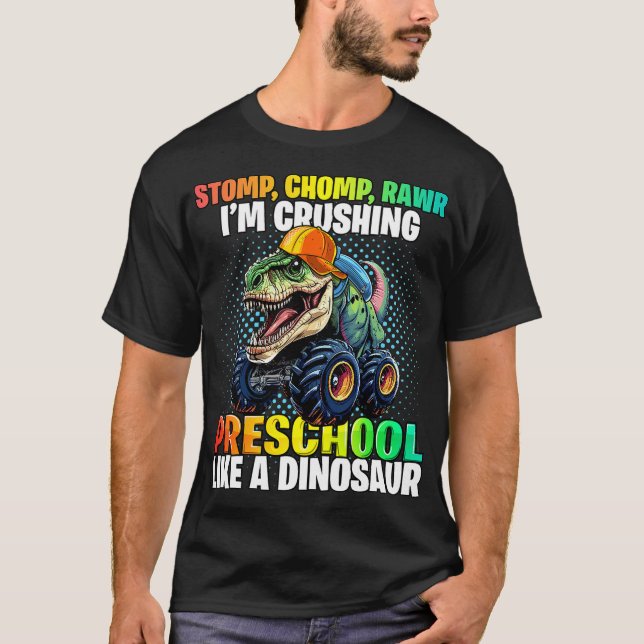 Camiseta Preschool Dinosaur Monster Truck Back to School Fi (Anverso)