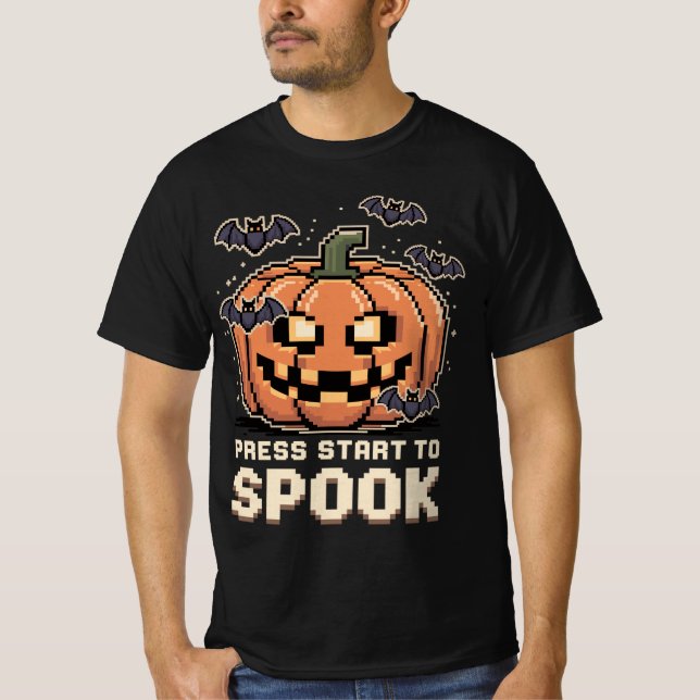 Camiseta Press Start to Spook - Pixel Kürbis Halloween (Anverso)