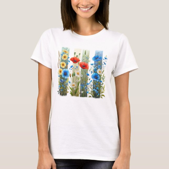 CAMISETA PRETTY RED BLUE & YELLOW FLORAL BRUSHSTROKES (Anverso)